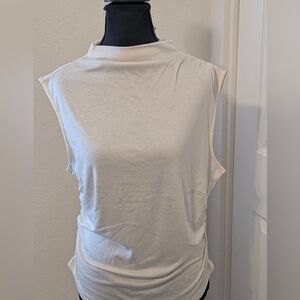 INC International Concepts Ivory Sleeveless Mock Neck Cutout Ruched Top Size L
